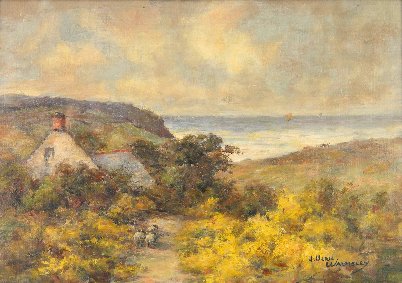 James J. Walmsley oil: James Ulric Walmsley (Britissh 1860-1954)- Landscape- oil on board, sgined J. Ulric Walmsley lower right, good condition. 9 1/2 x 13 1/4'