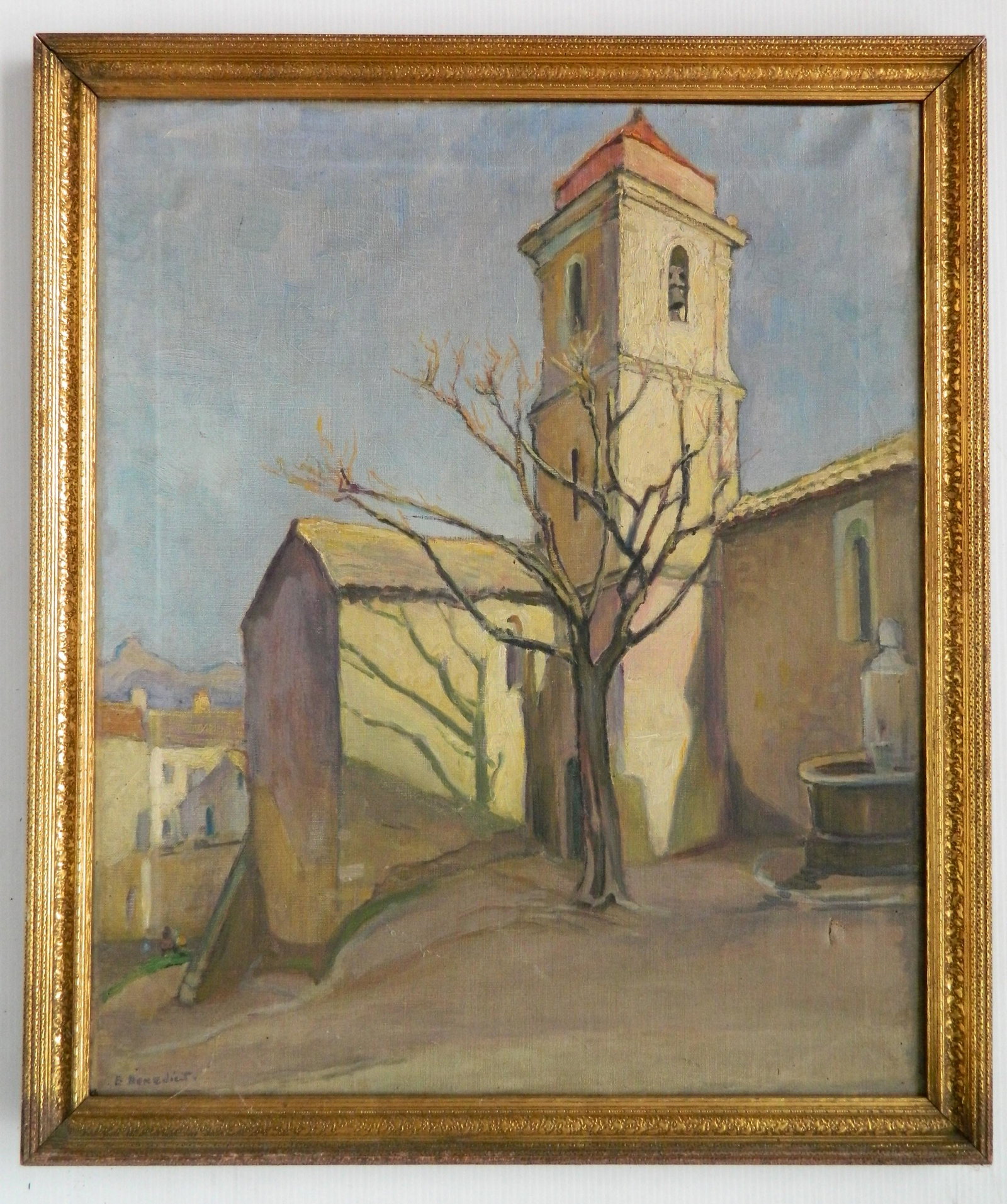 20th c. American School oil: E. Benedict (American 20th c.)- The Bell Tower- oil on canvas, signed E. Benedict lower left, some minor scratches and surface grime otherwise very good condition. 24 x 20''