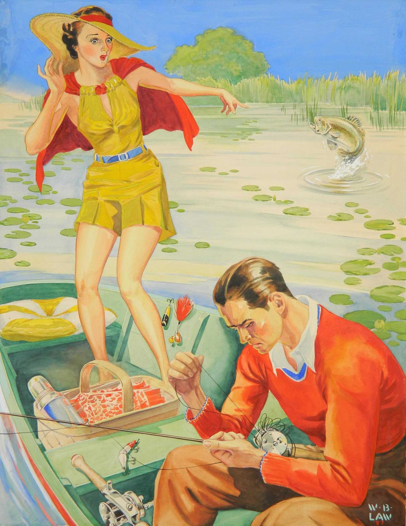 W. B. Law watercolor: W. B. Law (American 20th c.)- The Tangled Fishing Line- watercolor on illustration board, 1937, signed W. B. Law '37 lower right, inscribed 'To Greg with Best Wishes/ Bill' on mat. 18 x 13 3/4''