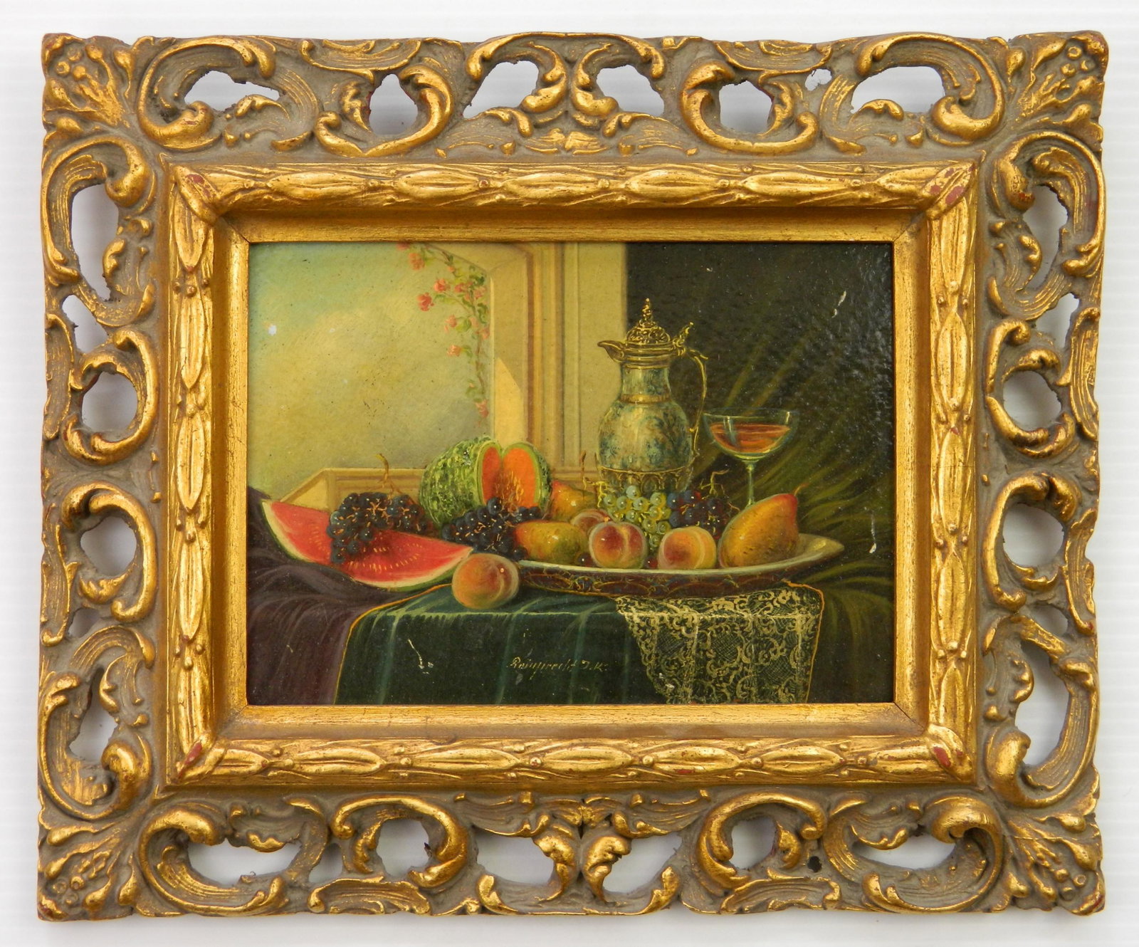 Johan K. Reinprecht oil: Johan Karoly Reinprecht (Hungarian 1903-?)- Still-Life with Fruit and Watermelon- oil on panel, signed Reinprecht, J. K. lower center, a few minor surface scratches. 5 x 6 1/2''