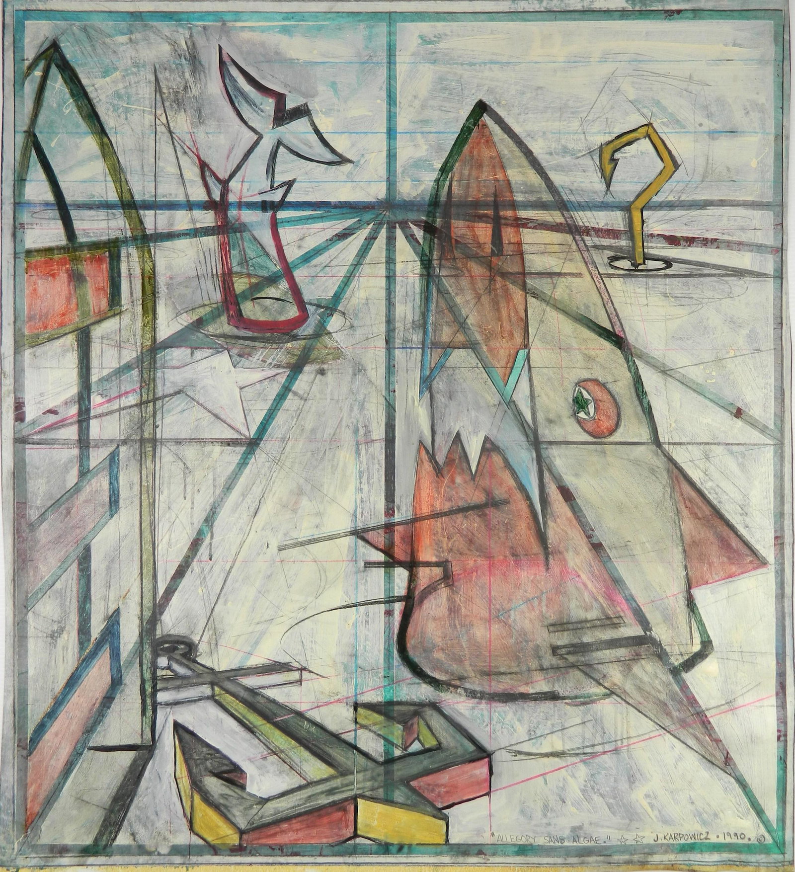 James Karpowicz oil and pastel: James Karpowicz (American 1968- )-''Allegory Sans Algae''- oil and pastel on vinyl, 1990, signed J. Karpowicz, dated and titled lower right, minor surface grime. 37 x 33 1/2''