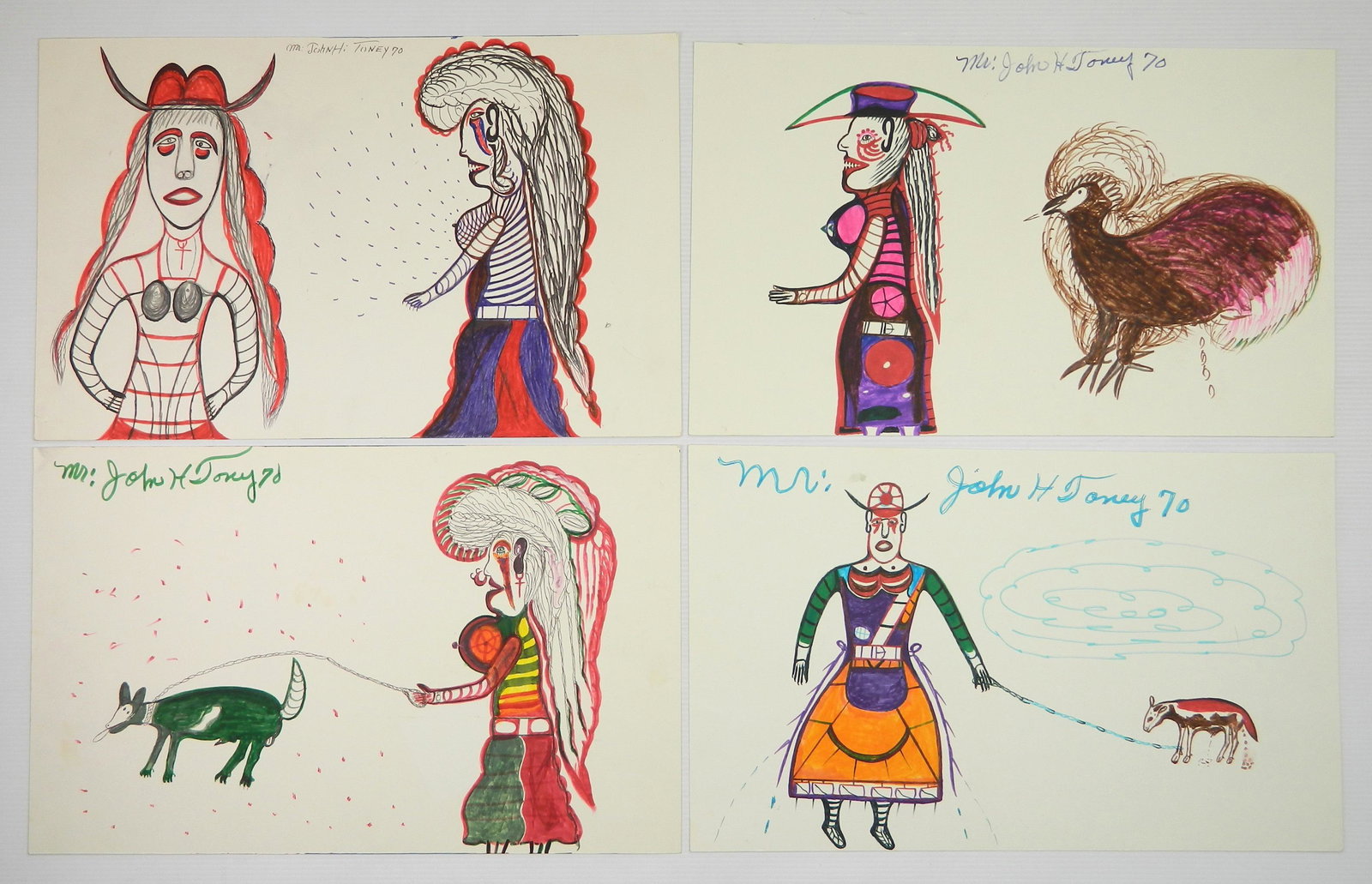 4 John Toney drawings: John Toney (American 1928- )- Untitled- 4 marker and graphite on paper, all signed John Toney, some discoloration, thin spots in two corners verso from previous mountings, generally good condition. 22