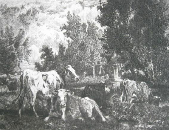 Peter Moran- ''Landscape and Cattle''- etching: Peter Moran- ''Landscape and Cattle''- etching, after a painting by Van Marcke, with tissue guard, as extracted from a volume. 6 x 8''
