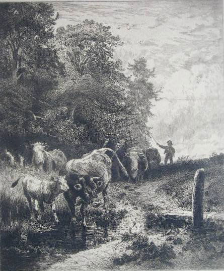 Peter Moran- ''The Returning Herd''- etching, 1885: Peter Moran- ''The Returning Herd''- etching, 1885, after painting by F. J. Voltz, published by Gebbie & Co., very good condition. 9 3/4 x 8 1/4''