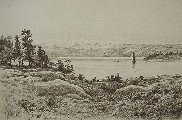 Alexander Schilling- ''The Columbia River'', etchi: Alexander Schilling- ''The Columbia River'', etching, after William Keith, some soiling and staining in margins, tears around edges well away from image, 8 x 12 1/4''