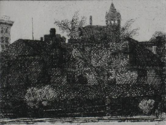 Paul Winchell- Cityscape- engraving, signed in pen: Paul Winchell- Cityscape- engraving, signed in pencil, very good condition. 3 5/8 x 4 7/8''