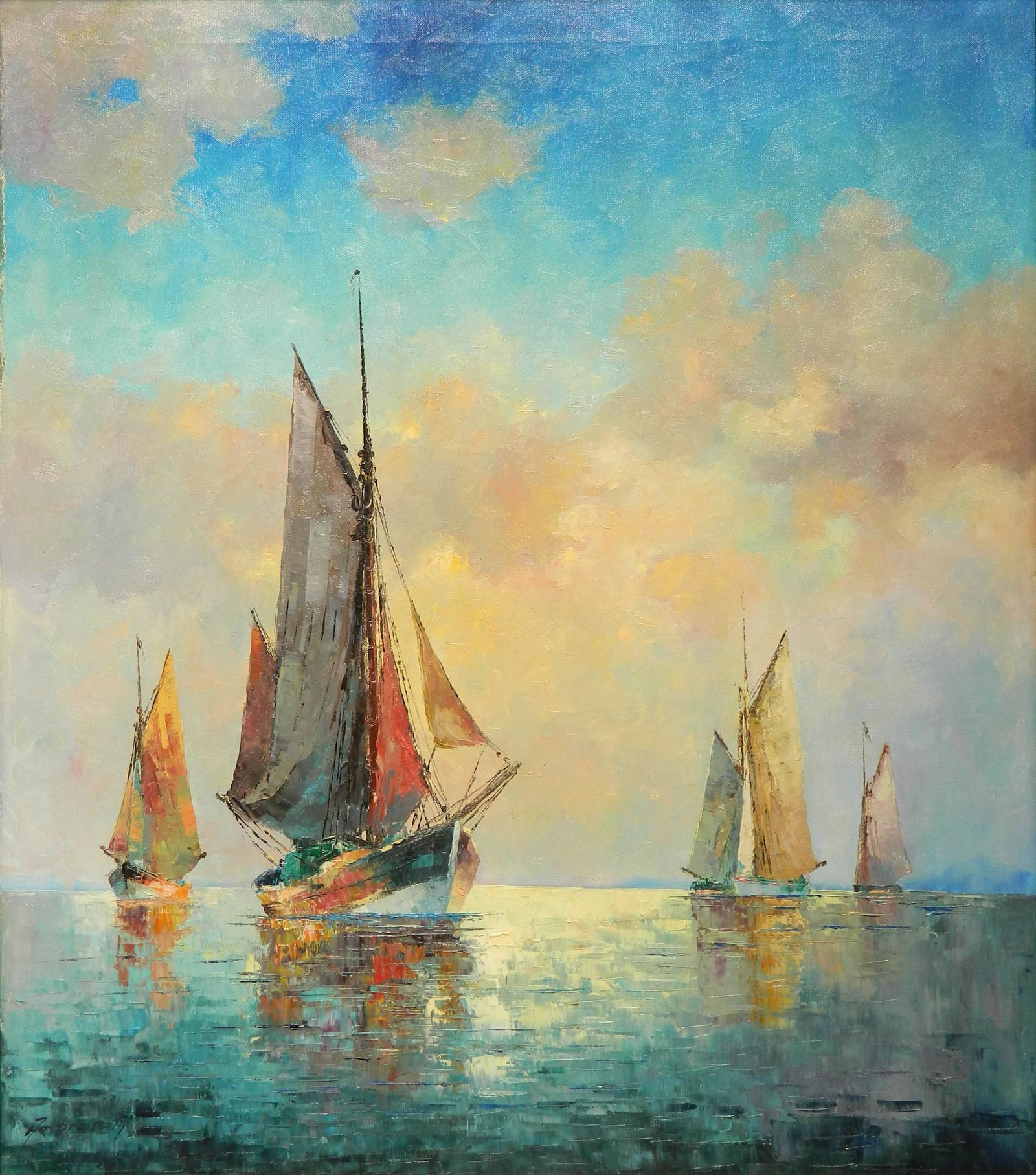 Franz Ambrasath oil: Franz Ambrasath (German 1889-1974)- Sailboats on the Water- oil on canvas, signed Ambrasath lower left, framed, very good condition. 32 x 28''