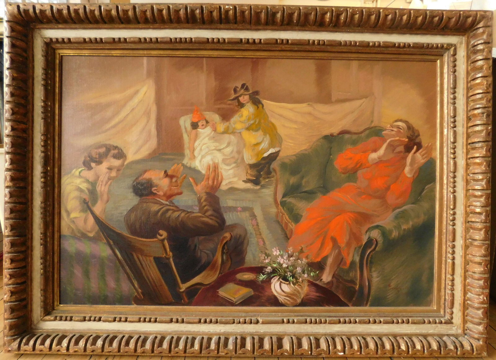 Peppino Mangravite oil: Peppino Mangravite (American 1896-1978)- ''Family Gaiety''- oil on canvas, 1934, signed Mangravite 1934 lower right, framed. 26 x 39''