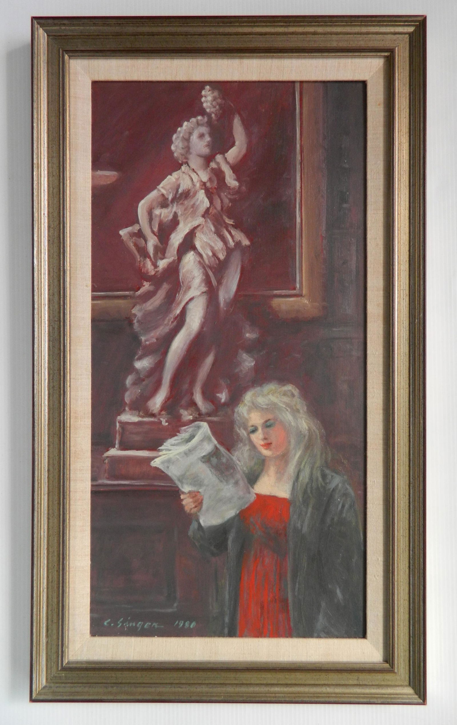 Clyde Singer oil: Clyde Singer (American 1908-1999)- ''Girl & Statue''- oil on board, 1980, signed C. Singer 1980 lower left, signed, titled and dated verso, framed, very good condition. 23 3/4 x 12''