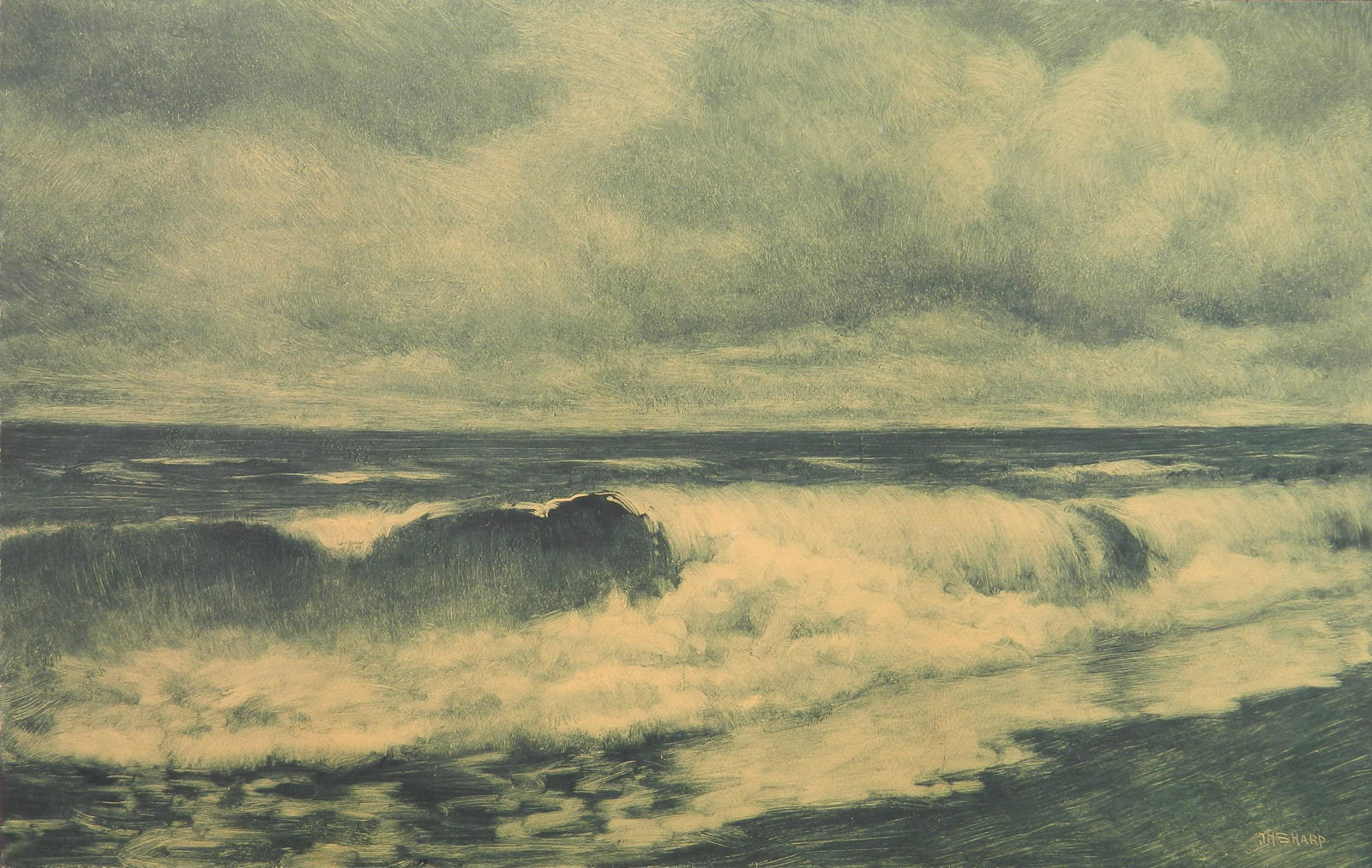 Joseph Henry Sharp monotype: Joseph Henry Sharp (American 1859-1953)- ''Breakers''- monotype in green ink, signed in plate, adhesive stain and wear throughout the margins. 14 x 22''