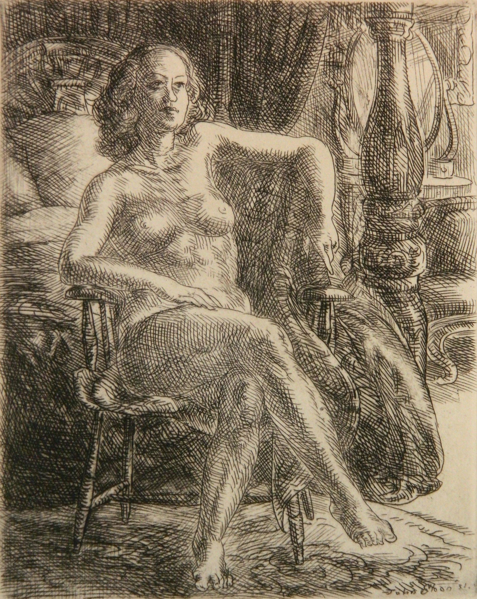 John Sloan etching: John Sloan (American 1871-1951)- ''Nude with Furniture'' (Morse 252)- etching, 1931, signed and annotated '100 proofs' in pencil, very good condition. 4 76/8 x 4''