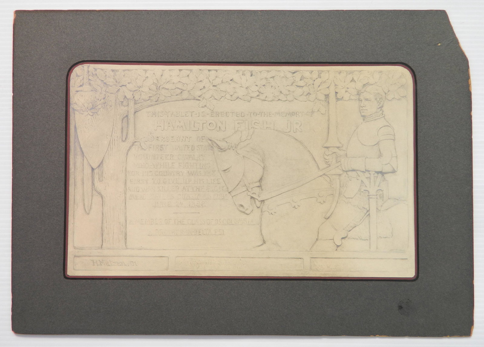 Herman Matzen graphite drawing: Herman Matzen (American 1861-1938)- ''Hamilton Fish Jr. Memorial''- graphite on paper mounted to support board, 1901, signed H. Matzen 01 lower left, some soiling. 8 x 12 1/2''