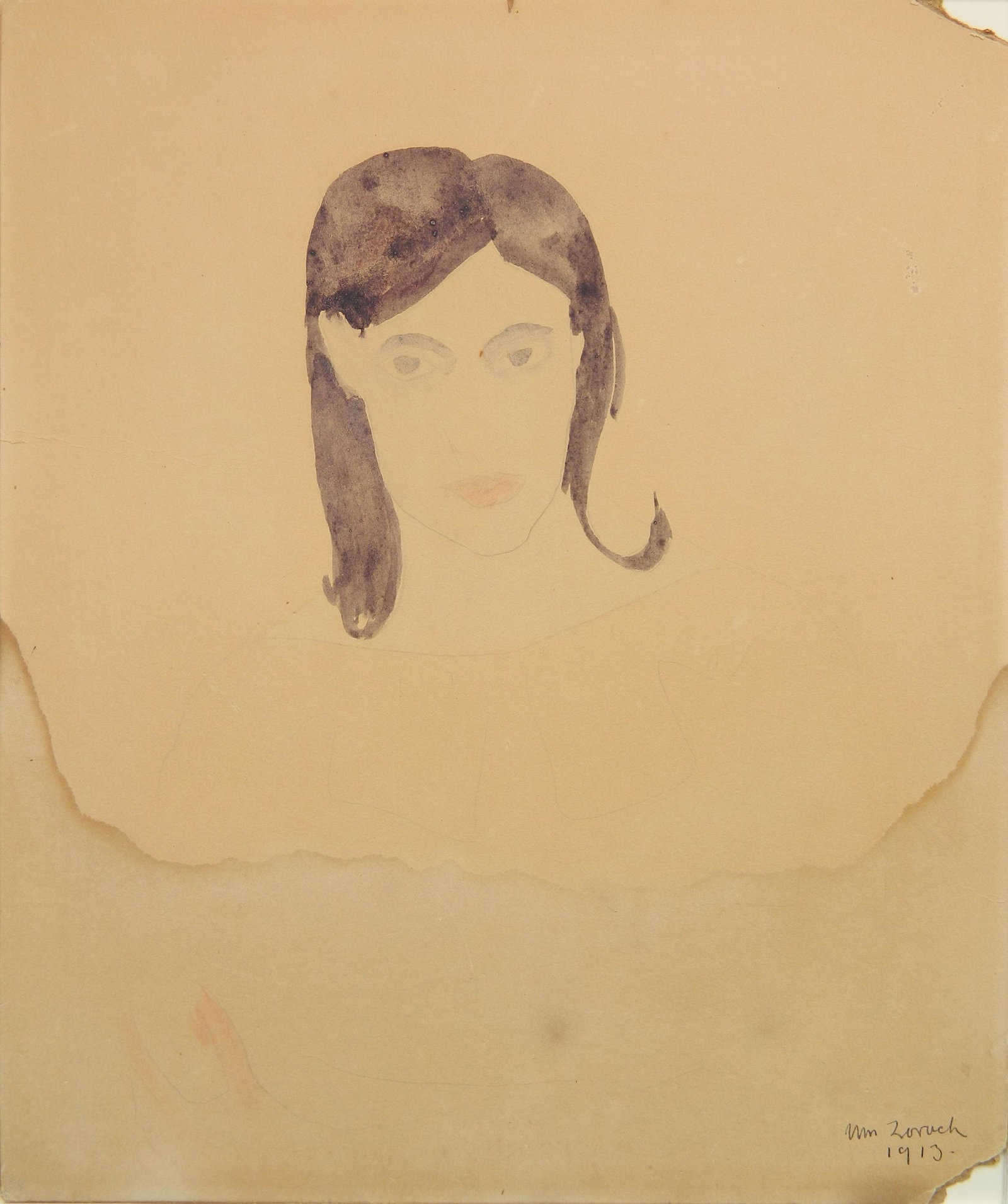 William Zorach watercolor: William Zorach (American 1887-1966)- Portrait of a Woman- graphite and watercolor on paper, 1913, signed Wm. Zorach/ 1913 lower right, paper age toned, water stains in lower portion. 11 x 9''