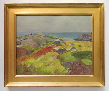 George G. Adomeit oil: George G. Adomeit (American 1879-1967)- ''Monhegan Rocks''- oil on canvasboard, framed, very good condition. 16 x 19 3/4''