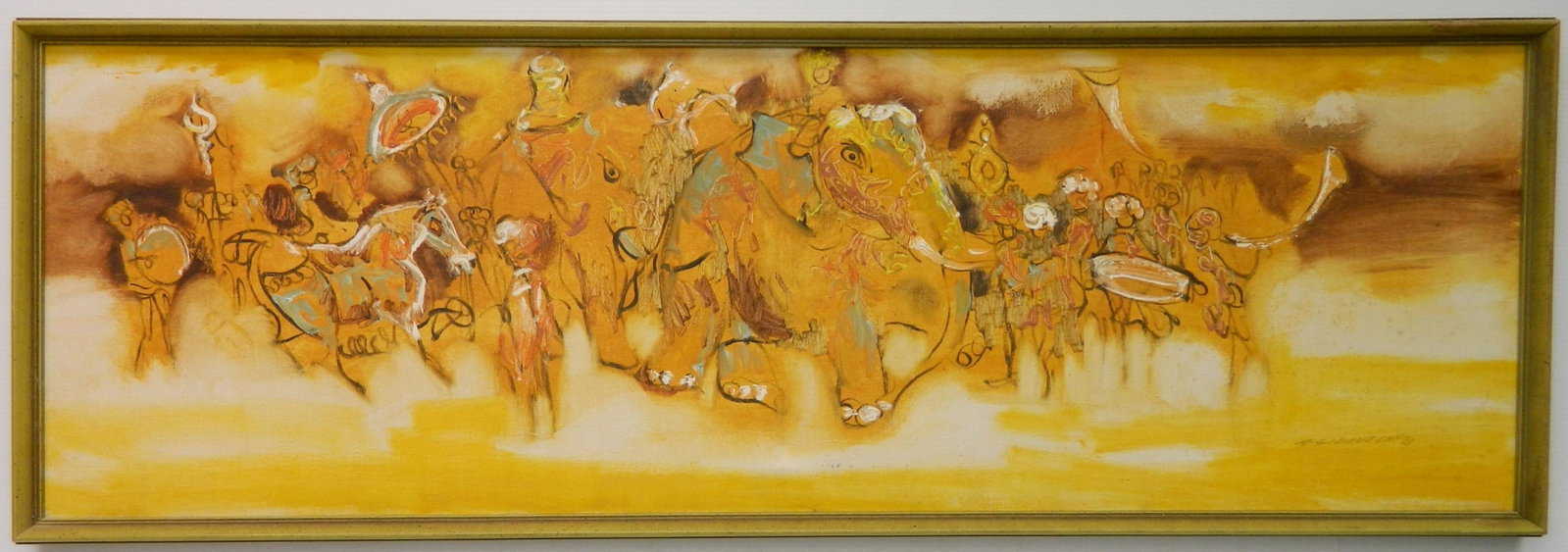 M. Sivanesan oil: M. Sivanesan (Indian 1940-2015)- ''Elephants on Parade''- oil on canvas, 1973, signed M. Sivanesan '73 lower right, framed. 15 x 46 1/2''
