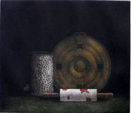 Tomoe Yokoi mezzotint: Tomoe Yokoi- ''Still-Life with Rolling Pin and Grater''- mezzotint in colors, signed and numbered 27/150 in pencil. 11 7/8 x 13 3/4''