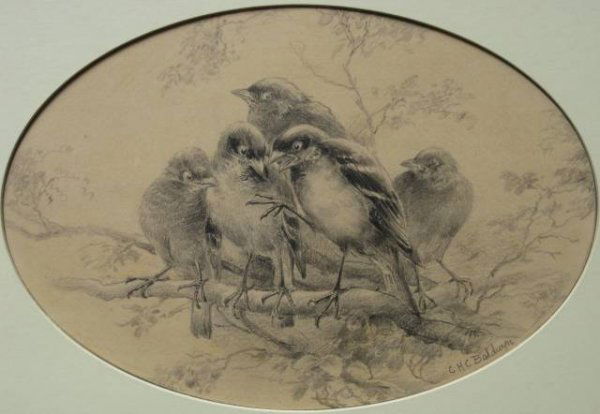 Charles Baldwyn drawing: Charles H.C. Baldwyn- ''The Story is told, In Days of Old, Five Sparrows were sold For one Farthing''- graphite on paper, signed lower right, paper age toned. 7 1/8 x 10 3/4'' (0)