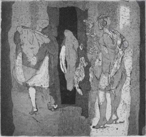 Isabel Bishop etching: Isabel Bishop- ''The Coats'' (Teller 61)- etching and aquatint, 1966, signed and annotated 'A.P.111/x' in pencil, as printed in 1981, very good condition. 7 1/2 x 7 7/8''