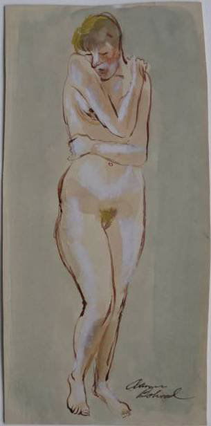 Aaron Bohrod drawing: Aaron Bohrod- Standing Nude- gouache on paper ca. 1970, signed lower right, very good condition. 10 1/4 x 4 1/2''
