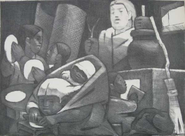 Jean Charlot lithograph: Jean Charlot- ''The Distaff Side'' (Morse 551)- lithograph, 1951, signed in pencil, AAA edition of 250, slightly very light struck and mat burn, old masking tape, residue on margins verso. 10 x 13 1/2