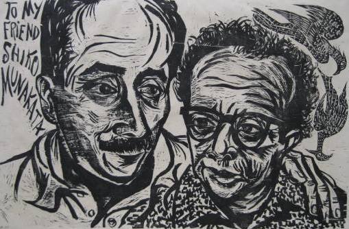 Antonio Frasconi woodcut: Antonio Frasconi- ''To My Friend Shiko Munakata''- woodcut signed and inscribed 'edition 25' in pencil, minor foxing throughout, a little water stain a long bottom edge, not near image. 16 1/4 x 25''