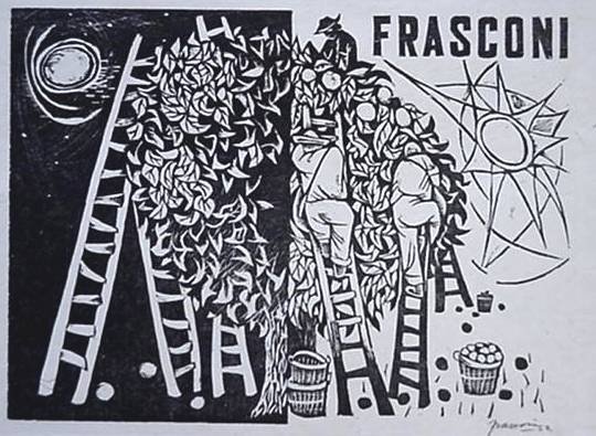 Antonio Frasconi woodcut: Antonio Frasconi- ''Day and Night'' woodcut, 1952, signed and dated in pencil, edition of 290 plus 10, A Print Club of Cleveland Special Publication. 9 3/8/ x 12 11/16''