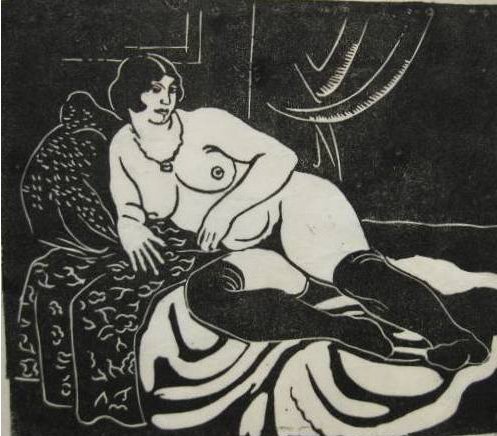 Emil Ganso wood engraving: Emil Ganso- ''Model on Couch'' (Smith R-32); Nude with Black Stockings (S R-40)- 1 woodcut, 1 linocut, 1926, both signed in pencil, 'Model on Couch' also titled and inscribed 'edition 20' in pencil 'M