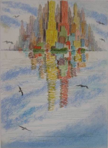 Gerald Geerlings lithograph with pastel: Gerald K. Geerlings- ''Cityscape Reflections #14B- pastel over lithograph, 1988, signed, titled and dated in pencil. 14 x 10 1/4''