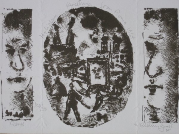 Chaim Gross lithograph: Chaim Gross- ''Holiday Greetings From Rome''- lithograph, signed, titled and numbered 133/150 in pencil, two vertical creases as there should be. 8 1/2 x 13''