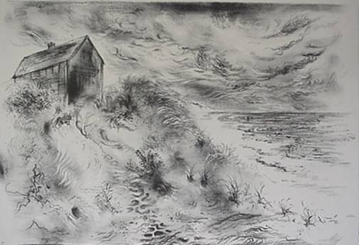 George Grosz lithograph: George Grosz- ''Storm Clouds, Cape Cod'' (Drucker E.110)- lithograph, 1949, signed in pencil, edition of 252, The Print Club of Cleveland publication, very good condition. 8 7/8 x 13''