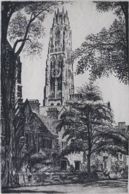 Max Kuehne etching: Max Kuehne- Harkness Towner- etching, signed and title in pencil, large repaired tear left margin- goes into image repaired tear in top margin does not goes in to image 13 1/4 x 9''