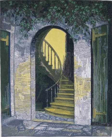Fred Larson woodcut in colors: Fred Larson- Spiral Staircase- woodcut in colors. 9 1/2 x 7 3/4''