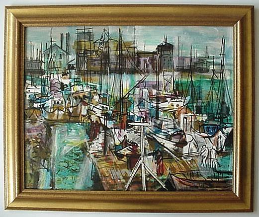 Guy Mac Coy oil: Guy Mac Coy- Harbor with Boats- oil on canvas, signed Ma Coy- lower left, very good condition. 20 x 34''