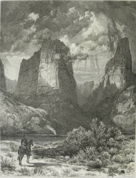 Thomas Moran 2 wood engravings: Thomas Moran- ''Springville Canyon'' ''Colburn's Butte in Kannarro Canon- 2 wood engravings as polished in the Aldine, paper age toned, foxing throughout, some staining in margins. 10 1/4 x 7 3/4'' ea