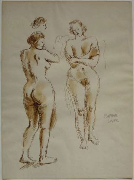 Raphael Soyer pen and ink: Raphael Soyer- Female Nude Studies- pen and ink on paper, signed in pencil. 14 1/2 x 9''