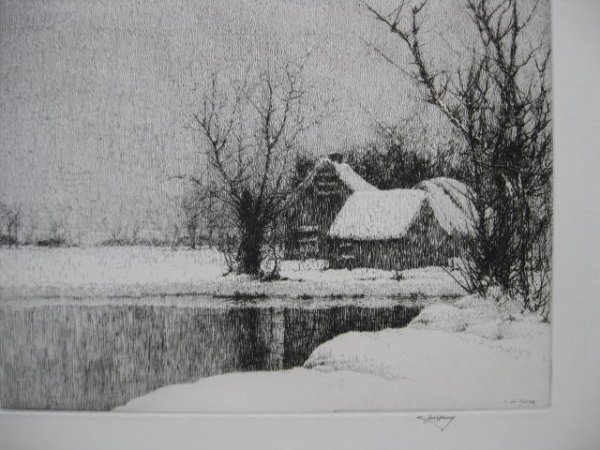 Charles Jac Young etching: Charles Jac Young- ''Winter Stillness'- etching, signed in pencil, old linen tape hinges. 7 1/2 x 9 7/8''