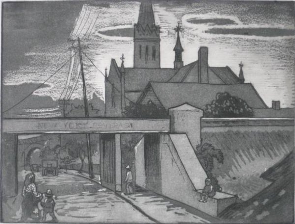 Kalman Kubinyi aquatint: Kalman Kubinyi- ''Holton Avenue''- aquatint, signed and titled in pencil, some mate burn. 7 1/2 x 9 3/4''