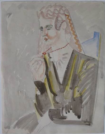 William Sommer watercolor: William Sommer- The Red Necklace- watercolor on paper, paper slightly age toned. 12 x 9 1/4''