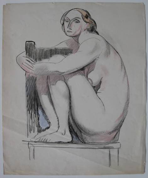 William Sommer pastel and pen and ink: William Sommer- Seated Nude on Chair- charcoal, pastel and pen and ink on paper, paper age toned, minor handling creases, 2 sharp horizontal creases through bottom portion of image. 17 x 15 1/2''