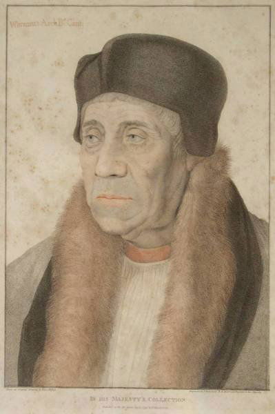 Francesco Bartolozzi stipple engraving: Francesco Bartolozzi- ''Waramus, Archbishop of Canterbury''- stipple engraving, after a drawing by Hans Holbein, heavy foxing throughout. 17 1/4 x 11 7/8''