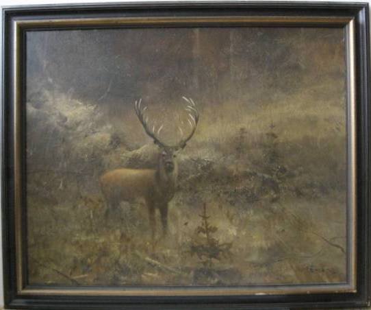 Pieter Dik oil: Pieter Dik- Elk in Landscape- oil on canvas, signed Pieter Dik. 21 x 39''