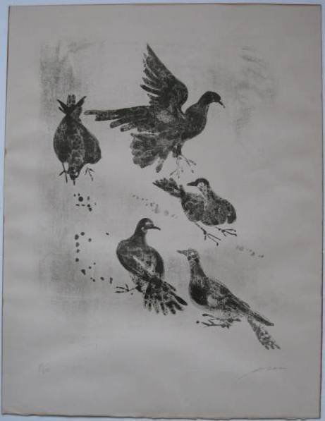 Hans Erni lithograph: Hans Erni- ''Cinq Pigeons'' (Cailler 155)- lithograph in three colors, 1955, signed and numbered 4/50 in pencil. 21 x 15''