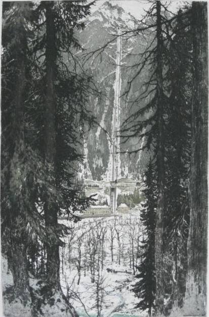 Luigi Kasimir etching: Luigi Kasimir- Landscape with Falls- aquatint in colors, ca. 1930, signed in pencil, land down, foxing in margins. 23 1/4 x 15''