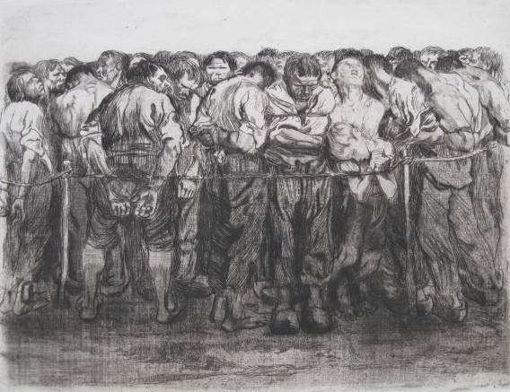 Kathe Kollwitz etching: Kathe Kollwitz- ''Gefangenen'' (Klipstein 98 VIII b)- etching and softground, 1908, Von der Becke edition (blind stamp lower right), very good condition. 12 1/2 x 16 5/8''