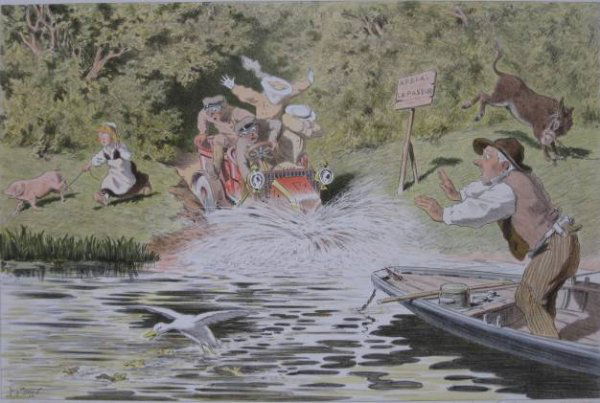 Georges Meunier lithograph in colors: Georges Meunier- ''Appler le Passeur''- lithograph in colors, 1905, signed and numbered 88/100 in pencil, Sagot blindstamp, very good condition. 13 x 19 5/8''