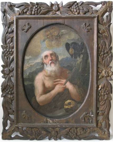 style of Giuseppe Nuvolone oil: Style of Giuseppe Nuvolone- ''St. Jerome''- oil on canvas (relined), ca. 1850's, large of amount of in-painting. 25 1/2 x 18''