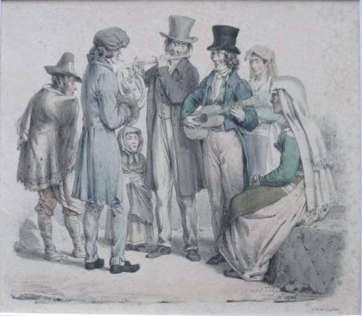 Edme Jean Pigal lithograph: Edme Jean Pigal- Strolling Musicians- lithograph with hand-coloring, laid down, light struck and foxing. 6 1/4 x 7 1/2''