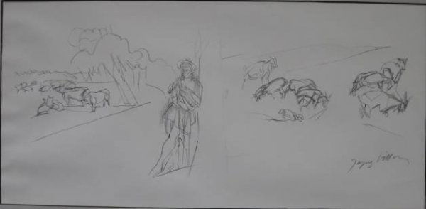 Jacques Villon lithograph: Jacques Villon- ''7th Bucolique, Pastorale'' (Ginestat and Pouillon E.571)- lithograph, ca. 1960, signed in pencil. 9 x 18 1/2''