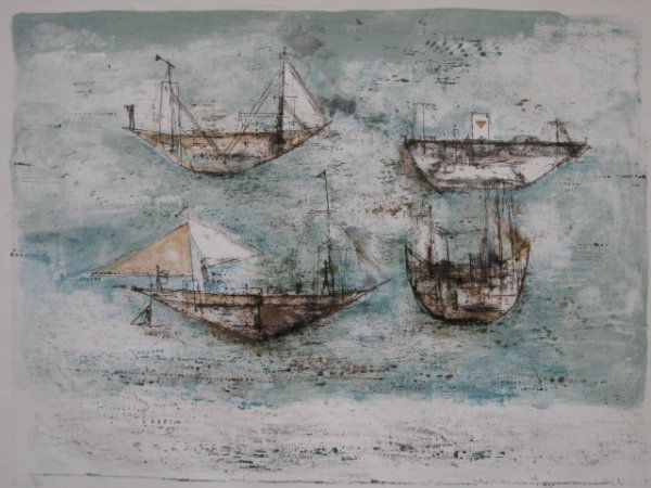 Zao Wou-ki lithograph: Zao Wou-ki- ''Voiles a la Mer'' (Agerup 81)- lithograph in colors, 1953, signed and numbered 30/120 in pencil, printed by E. & J. Desjobert, Paris, some mat burn, slightly light struck. 13 3/4 x 19''