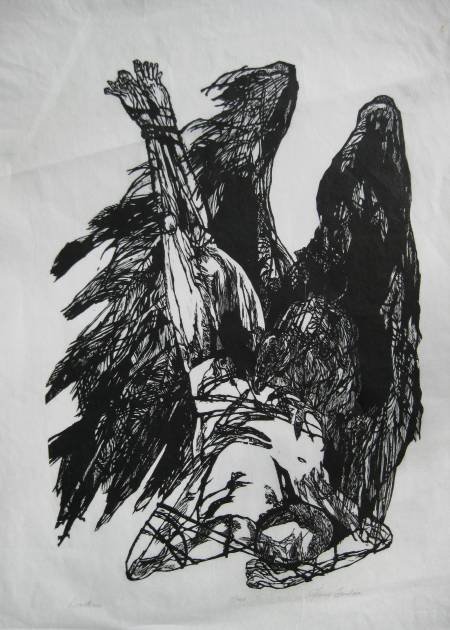 Jacob Landau woodcut- ''Prometheus'': Jacob Landau- ''Prometheus'' (Milton/Flint 79)- woodcut, 1960, signed, titled and numbered 7/140 in pencil, crease across top, a surface dent and break in the ink surface in image lower right, handlin